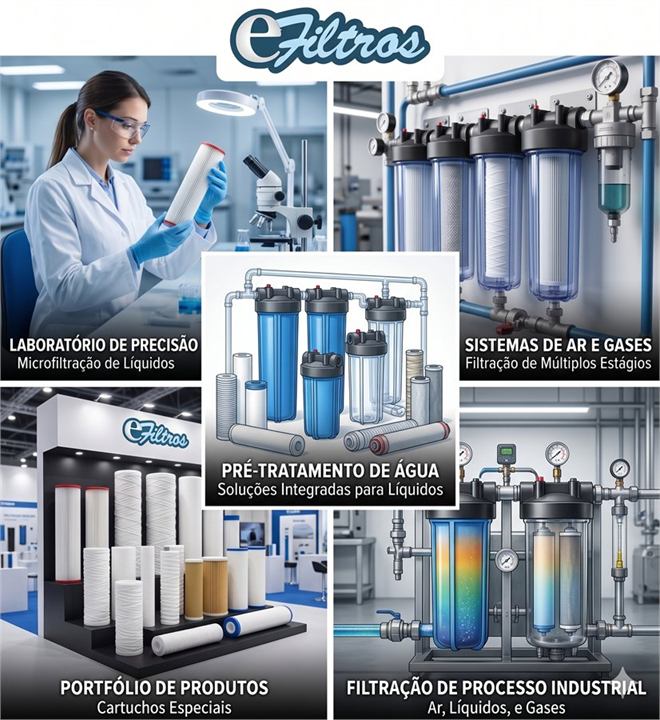 Áreas de atuação Efiltros: microfiltração, ar e gases, pré-tratamento de água e processos industriais